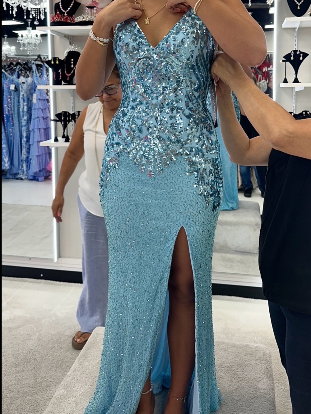 Embellished Light Blue Sequin Prom Dress with Front Slit